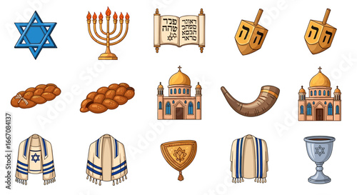 Illustration of jewish symbols including star of david menorah torah scroll dreidels challah and shofar