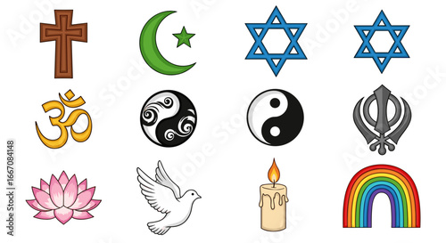 Illustration showing various symbols representing different religions and spiritualities