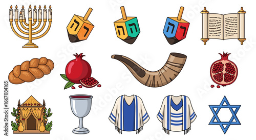 Illustration of jewish holiday items including menorah dreidels torah challah pomegranate shofar and tallit