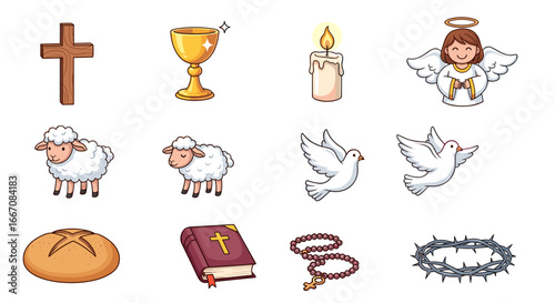 Illustration featuring christian symbols including a cross, chalice, candle, and various animals