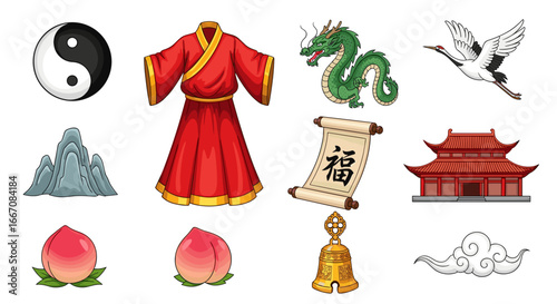 Depiction of chinese cultural symbols including a dragon crane and yin yang with temple and robe shown