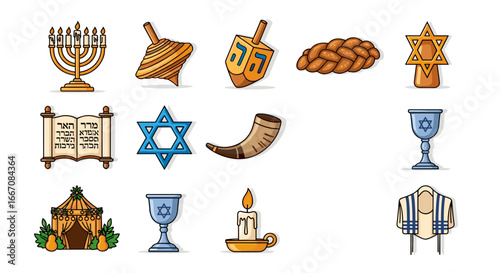 Collection of jewish religious symbols including menorah dreidels challah and star of david icons set