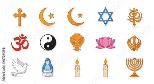 Illustration showing various religious symbols including christianity islam and judaism and other religions