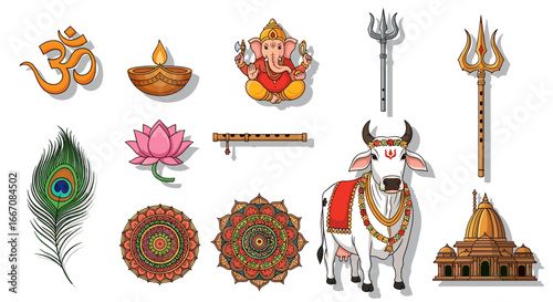Illustration featuring hindu symbols including om ganesha diya lotus cow and temple on a white background
