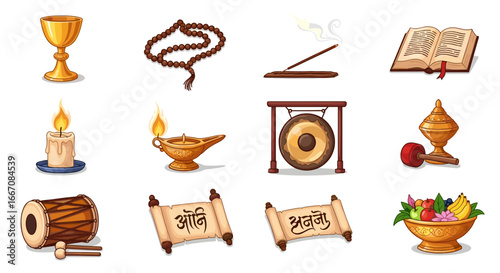 Illustration of various religious and spiritual items including chalice and prayer beads and incense