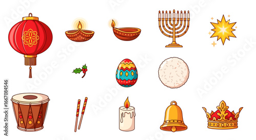 Collection of diverse cultural and religious symbols representing various traditions and celebrations