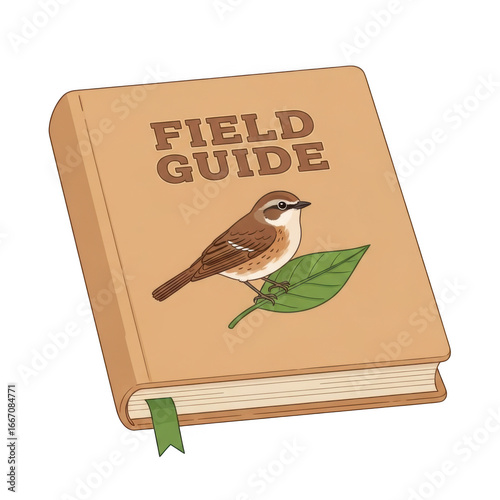 Detailed bird field guide book with feathered friend illustration and green bookmark transparent background