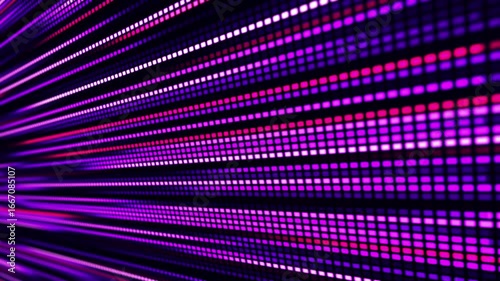 Animation of an LED or pixel panel, where bright stripes of blue, violet and blue light create the effect of movement and energy. The video conveys a sense of data flow, speed