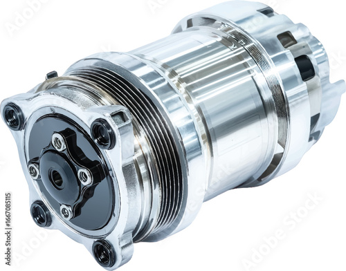 Polished Chrome Mechanical Component with Black Accents on White Background metal part