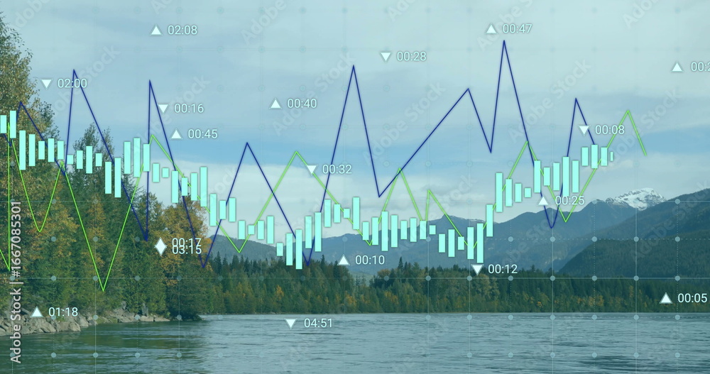 Naklejka premium Displaying translucent financial data overlay across mountain lake scene, with bars and line graphs