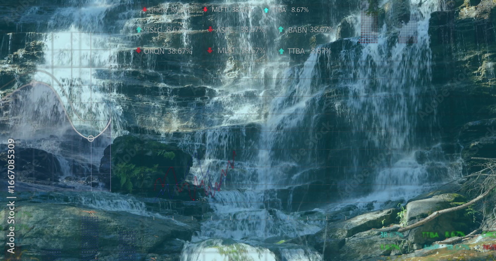 Fototapeta premium Flowing waterfall cascading over layered mossy ledges at forest gorge with digital ticker symbols