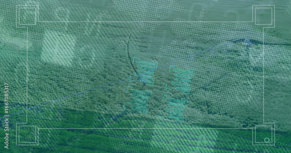 Fototapeta premium Displaying dense forest canopy over hills through HUD grid frame with blue contours, node markers