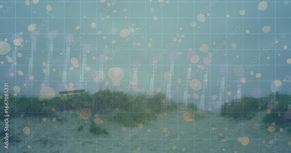 Fototapeta premium Dune pathway winding through grass clumps on beach, with grid overlay, currency circles, data bars