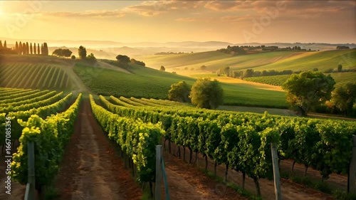 Wallpaper Mural Green Vineyard Fields On Rolling Hills At Sunrise With Rows Of Grapevines In Scenic Countryside Farming Landscape Torontodigital.ca