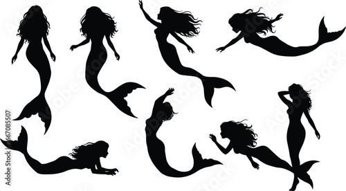 Mermaid silhouette vector set, underwater fantasy characters, ocean sirens clipart, swimming mermaids, sea creatures design elements, black mermaid shadow bundle