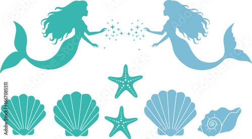 Colorful mermaid vector illustration set, underwater fantasy elements, sea shells, starfish, magical ocean characters clipart, aquatic design for kids, decor bundle