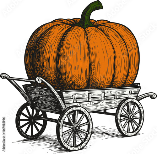 Pumpkin resting in a wooden cart, drawn in vintage style  