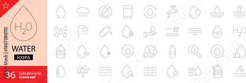 Water related icons set. Including drops, waves, hydration, faucet, ocean, rain, plumbing, purification, water supply, and conservation. Editable stroke. Outline icons. Perfect for infographics. 