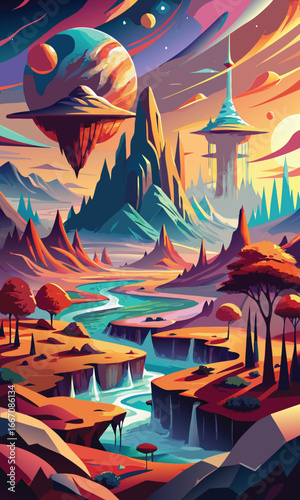Vibrant Alien Landscape: Futuristic Tower, Floating Planet, and Serene River Valley in a Bold, Stylized Design.