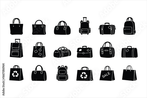 Diverse collection of black silhouette travel bags and luggage icons for modern design projects