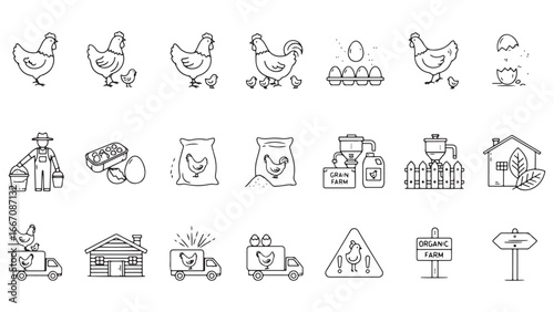 Poultry Farming line icon set. Vector pictograms of chicken, eggs incubator, henhouse, feeding equipment, free-range, rooster, agriculture, organic farm thin linear illustration.