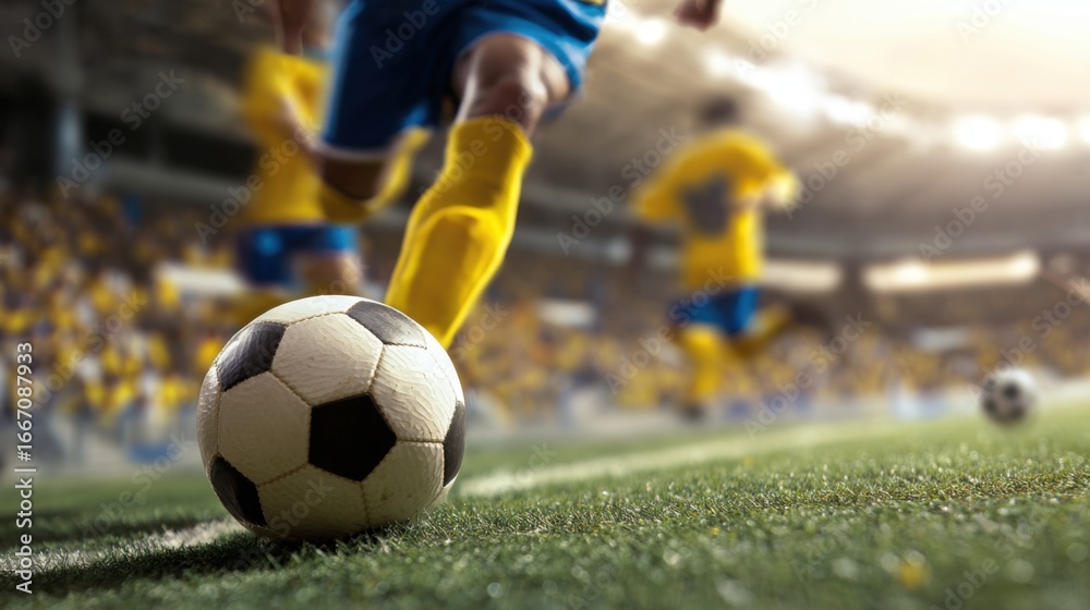 Fototapeta premium A ball rolls across the green turf as players in bright yellow and blue jerseys engage in an intense soccer match. The atmosphere is electric with cheering fans in the background.