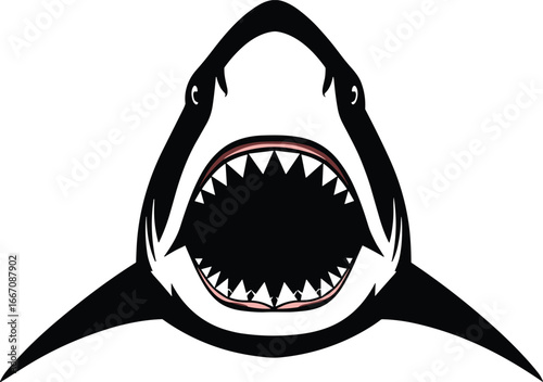 Vector illustration of an aggressive shark with wide open mouth, sharp teeth, underwater predator, black and white style, marine danger concept artwork