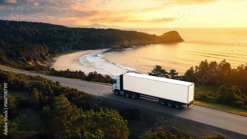 A large white truck drives along a coastal road at sunset. The scene features a beach, ocean waves, and lush green trees in the background.