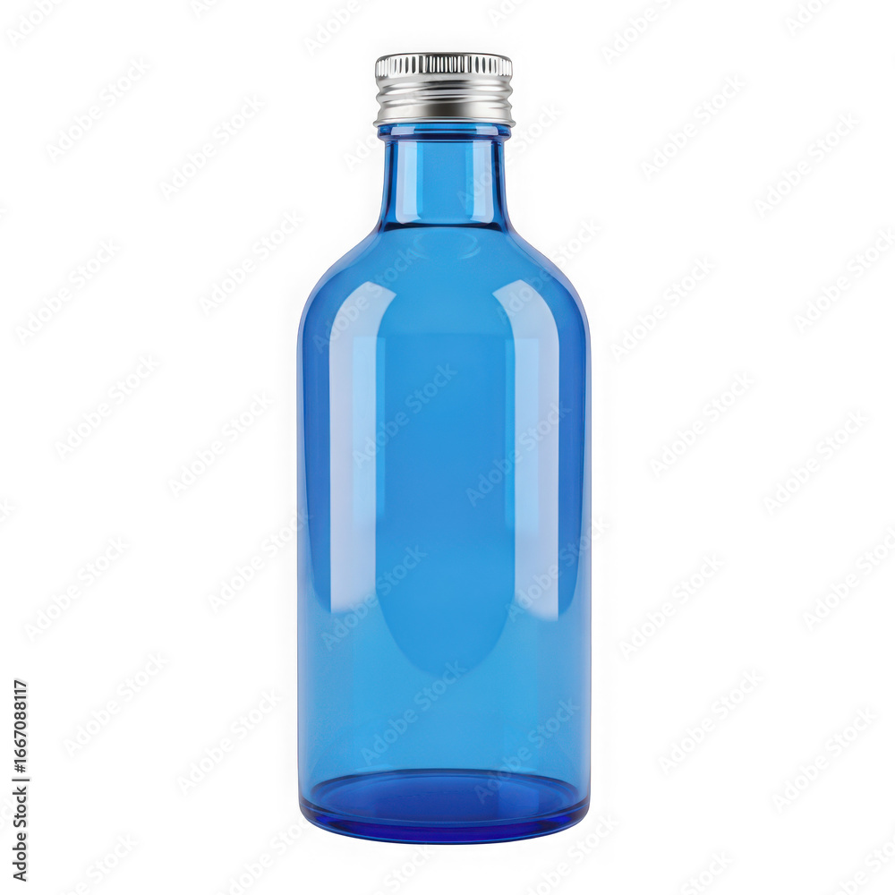 Blue glass bottle with silver cap full of liquid product photography Blue glass bottle with silver cap full of liquid product photography