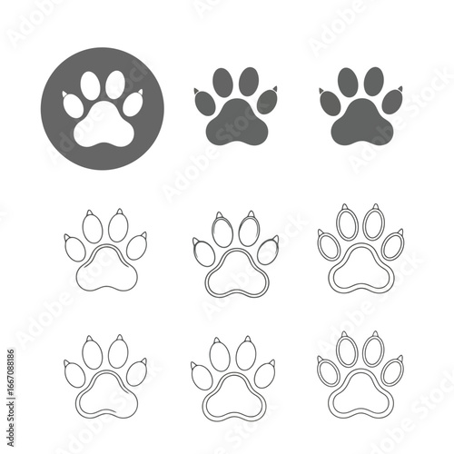 Collection of paw print icons isolated on white background
