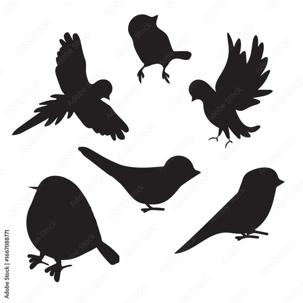 Obraz premium Set of birds silhouettes. Vector illustration. Black and white