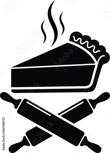 Thanksgiving pumpkin pie vector art of a slice of hot pie with crossed rolling pins, a perfect symbol for baking vector