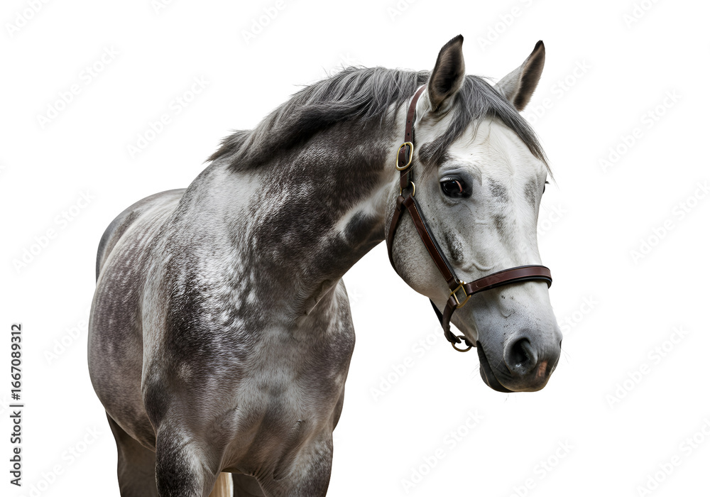 Fototapeta premium Elegant Grey Dapple Horse Portrait: Stunning Equestrian Photography Isolated on Transparent Background