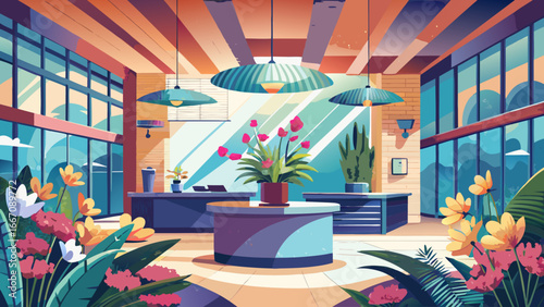 Panoramic reception area filled with natural warmth, 4K HDR fresh flowers uplift sleek professional setting, semi-realistic abstraction balancing structure and softness, timeless harmony of nature and