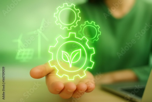 Person holding glowing green eco-friendly gears symbolizing sustainability and renewable energy technology
