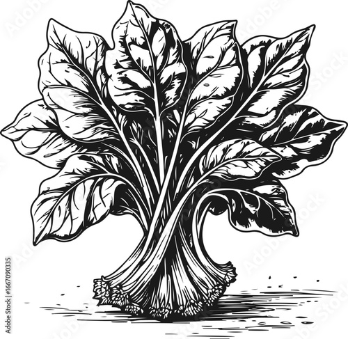 Traditional spinach illustration, black ink doodle style, leafy vegetable bunch, vector line art for healthy food and organic packaging 3