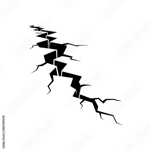 Black jagged crack graphic on white background fissure break