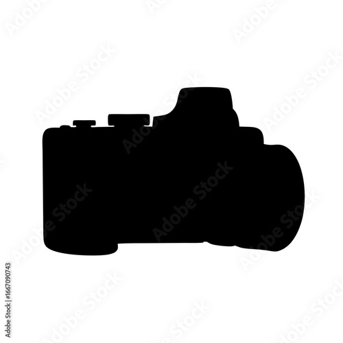 Silhouette of a digital single lens reflex camera with a lens attached