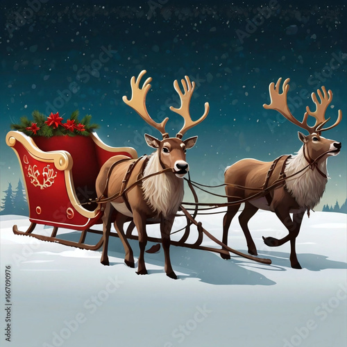 Winter Sleigh Ride: A magical winter scene of two reindeers pulling a red sleigh through a snowy landscape. The sleigh, adorned with festive decorations.