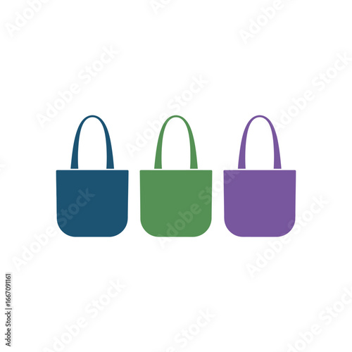 Three tote bags in blue green and purple on white background shopping bag reusable bag