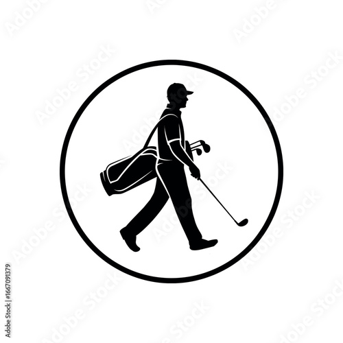 Black silhouette of a golfer walking with a golf bag and club in a circle vector