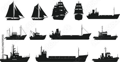 Collection of different ship silhouettes including sailing boats, cargo ships, patrol vessels, and fishing boats, marine transport icons for nautical vector illustrations