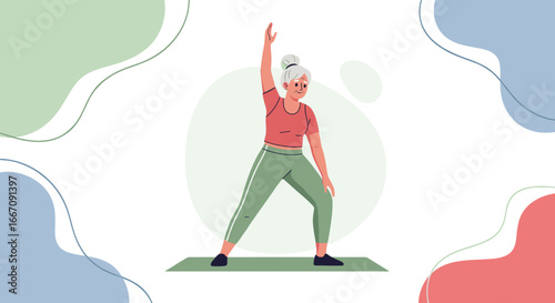 Senior woman practicing Pilates with a smile, healthy lifestyle illustration on colorful background