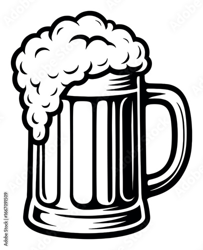 Foamy beer mug illustration with overflowing bubbles on yellow background