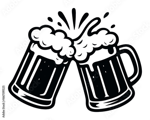 Illustration of clinking beer mugs with splashing foam on dark background