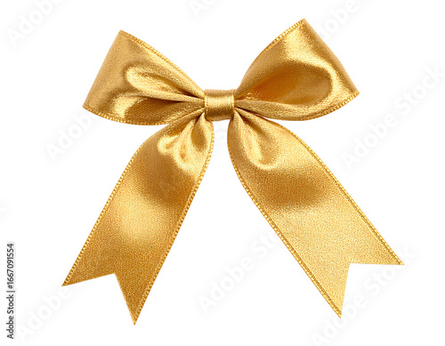 Flat Golden Satin Ribbon Bow with Long Tails, Isolated on PNG