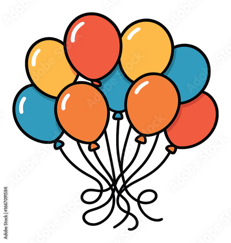 Colorful cartoon balloons cluster on brown background