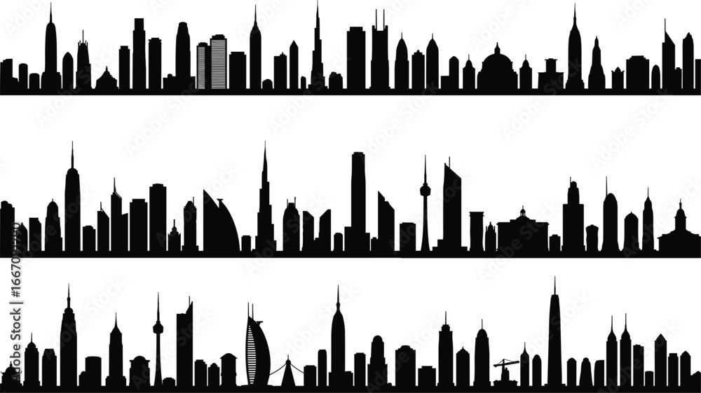 Naklejka premium Modern global city skyline silhouette vector set, featuring iconic urban landmarks, architectural skyline outlines, famous buildings, and cityscapes for graphic design.