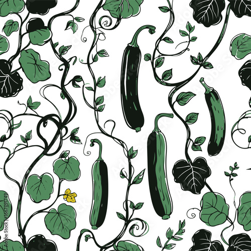 Assorted cucumber plant doodles, thick ink strokes, hand drawn vines, leaves and cucumbers, vector illustration for culinary and wellness design