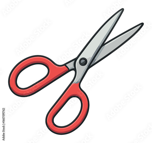 Red-handled scissors with stainless steel blades on dark background